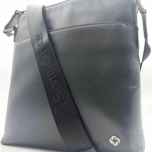 1円【希少/美品】samsonite サムソナイト ショルダーバッグ サコッシュ メンズ ビジネス サフィアーノレザー 本革 ブラック ロゴ 斜め掛け