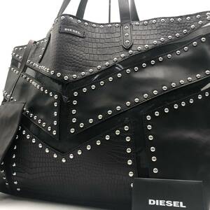 1円【極美品】DIESEL ディーゼル メンズ トートバッグ 肩掛け 大容量 A4 ビジネス スタッズ クロコ型押し メッシュ レザー ブラック 黒