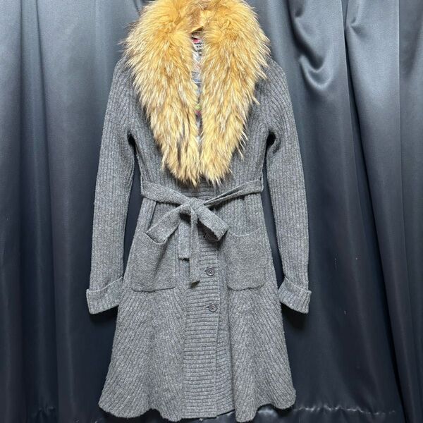 SONIA RYKIEL ラクーンファー衿カーディガン 裏付き ウール64%38 グレー コート ロング アウター ロングコート