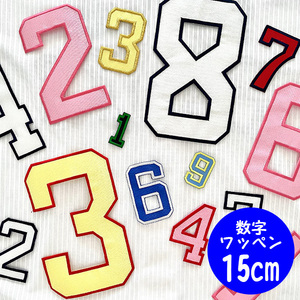 【【メール便送料無料】納期注意【数字ワッペン/大（タテ約15センチ）】ふち刺繍★簡単！アイロン接着/ナンバー/ゼッケン/ワッペン