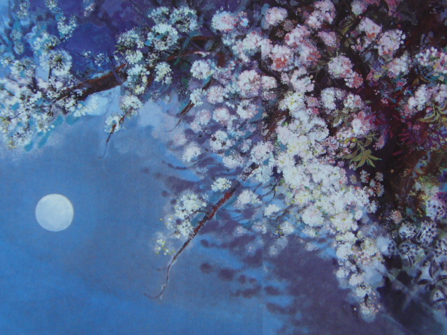 Junko Chino, [Kirschblüten bei Nacht], Aus einer seltenen Sammlung von Rahmenkunst, In guter Kondition, Neuer Rahmen inklusive, Innere, Frühling, Kirschblüten, Malerei, Ölgemälde, Natur, Landschaftsmalerei