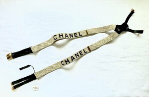 【CHANEL】シャネル サスペンダー ロゴ ベージュ キャンバス ゴールド ヴィンテージ フランス製 タグ付き 質屋 ユニオン 未使用品