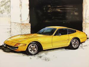 【正規品 絶版】Bowイラスト ポストカード フェラーリ 365GTB/4 デイトナ カーマガジン Ferrari 365GTB/4 Daytona 絵葉書 旧車 絵