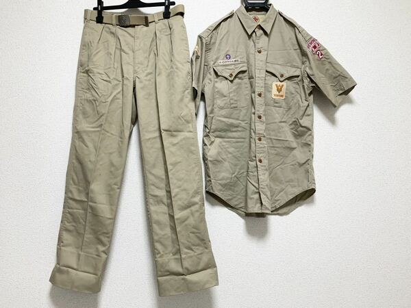 【送料無料 値下げ交渉歓迎】ボーイスカウト日本連盟BSN 半袖シャツ長ズボン制服 L 上下セットアップ ベルト付 ラルフローレン カーキ 古着