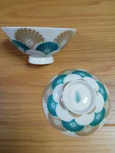 昭和レトロ　ご飯茶碗　菊（緑）2個