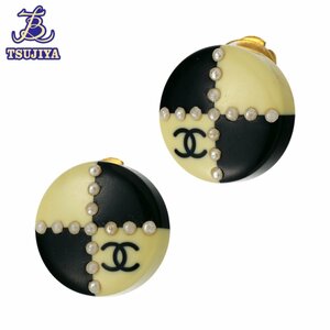 CHANEL シャネル　ココマーク　プラスチックイヤリング　ホワイト×ブラック　直径19.0mm　6.9g　両耳用　中古AB【辻屋質店J2164】