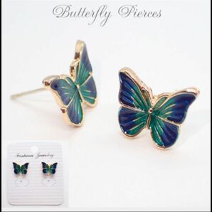 新品！綺麗な蝶のピアス２個　ブルーグリーン バタフライ ピアス 予備キャッチ付
