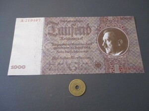 未使用　ドイツ　1936年　最高額　1000マルク　ヒトラー肖像入・現代ファンタジー