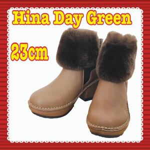 HDG Hina Day Green ヒナデイグリーン ショートブーツ 23cm 3E 牛革 ラビットファー カーキブラウン 厚底 サイドゴア