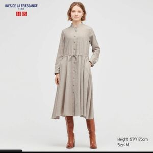 UNIQLO×イネス　フランネルフレアワンピース　長袖　バンドカラー　ベージュ　Lサイズ　両脇ポケット付　スペアボタン付