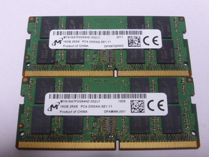 メモリ ノートパソコン用 1.20V Micron DDR4-3200 PC4-25600 16GBx2枚 合計32GB 起動確認済みです