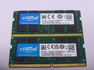 メモリ ノートパソコン用 1.20V Crucial DDR4-2666 PC4-21300 16GBx2枚 合計32GB 起動確認済みです 