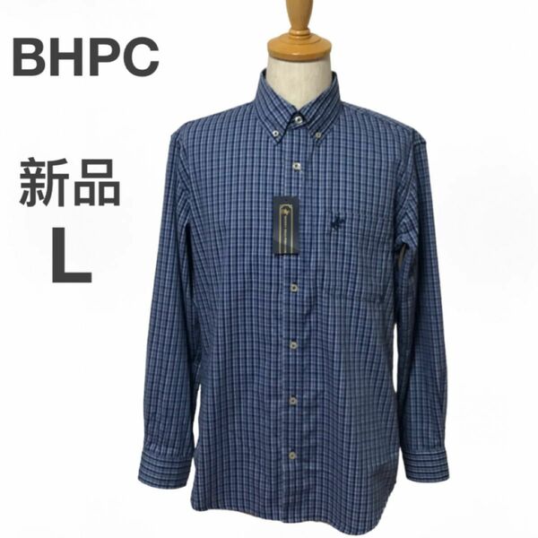 BHPC 新品　ボタンダウン　チェックワイシャツ 　刺繍　 紳士 お洒落 ビジネス　Lサイズ　オフィスカジュアル ブルー