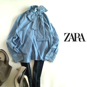 ザラ　ZARA　ボウタイリボン長袖プルオーバーブラウス　ブルー　Mサイズ　ビッグリボン　春～　送料185円