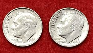 ONE DIME☆10セント銀貨☆2枚☆1966年☆1968年☆ルーズベルト☆銀貨☆10セント☆貨幣☆海外硬貨☆アメリカ☆コイン☆送料63円 ①②