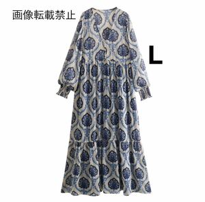 vintage ヴィンテージ レトロ 柄 ロング ワンピース Lサイズ レディース★ZARA 好きな方に★2024 S/S 早春新作 新品未使用★