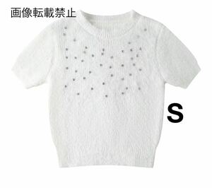 white vintage ヴィンテージ レトロ ビジュー 半袖 ニット セーター トップス Sサイズ レディース★ZARA 好きな方に★早春新作 新品★