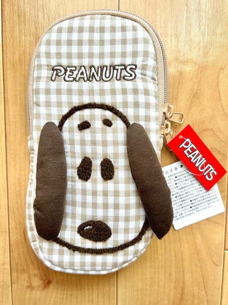 未使用タグ付き スヌーピー フェイス ポーチ ペンケース チェック PEANUTS 筆箱