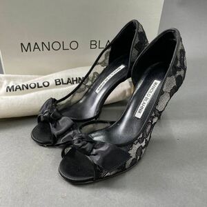 ◯6a18 イタリア製 MANOLO BLAHNIK マノロブラニク ハイヒール ピンヒール キャロリン 34.5 ブラック リボン レース