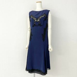 050a30 LOUIS VUITTON Louis Vuitton slit race no sleeve silk One-piece 38 navy dress party France made 