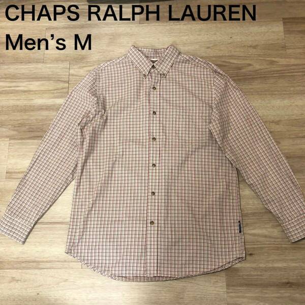 【送料無料】90s CHAPS RALPH LAURENコットン長袖シャツ　ベージュピンクグレーチェック柄　メンズMサイズ　チャップスラルフローレン