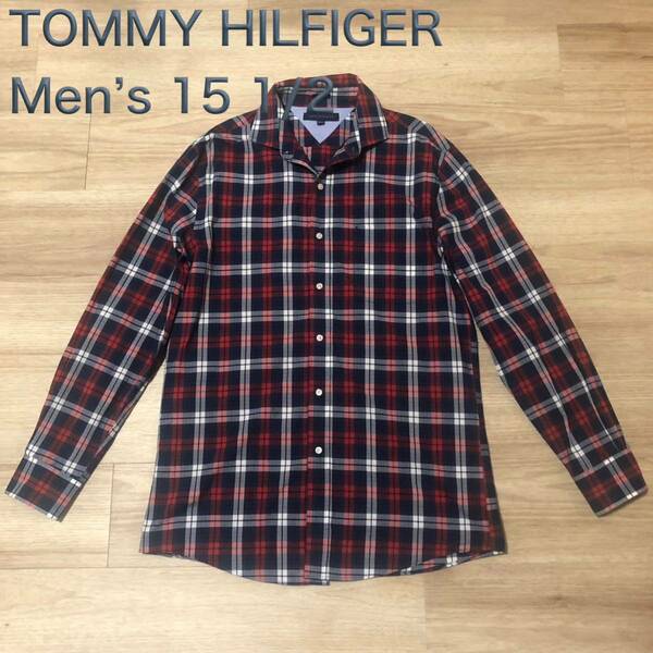 【送料無料】TOMMY HILFIGER長袖シャツ　赤ネイビー白チェック柄　メンズ15 1/2サイズ　トミーヒルフィガー