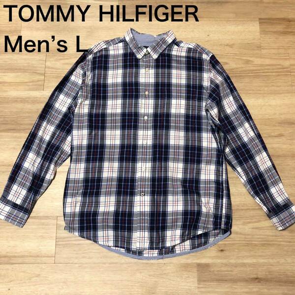 【送料無料】TOMMY HILFIGER長袖シャツ ネイビー白青赤チェック柄　メンズLサイズ　トミーヒルフィガーネルシャツチェックシャツ