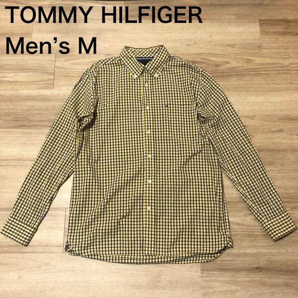 【送料無料】TOMMY HILFIGER長袖シャツ 黄色ネイビーチェック柄　メンズMサイズ　トミーヒルフィガー