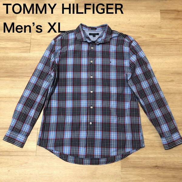 【送料無料】TOMMY HILFIGER長袖シャツ 水色ネイビー赤チェック柄　メンズXLサイズ　トミーヒルフィガー
