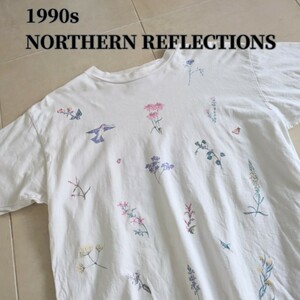 90s NORTHERN フラワー　プリントTシャツ　アート　両面プリント　花　昆虫　ヴィンテージ
