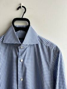 【極美品】BARBA シャツ ドレスシャツ 長袖 メンズ 39 チェック 白×青 イタリア製 バルバ