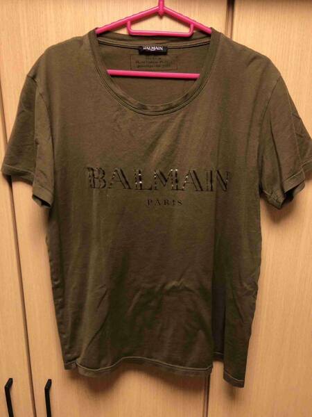 国内正規 17SS BALMAIN バルマン ロゴ クルーネック コットン Tシャツ カットソー カーキ S S7H8601I312M