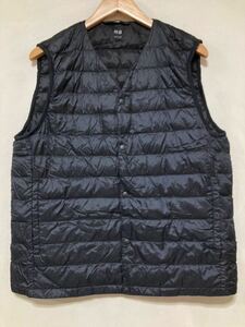 を1271 UNIQLO ユニクロ ライトダウン ノーカラー ダウンベスト L ブラック Vネック 軽量ダウン コンパクトダウン インナーダウン