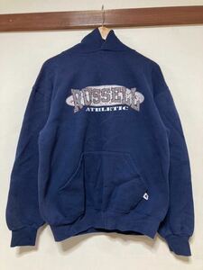 あ1316 USA製 RUSSELL ATHLETIC 90's ラッセル スウェットパーカー M HOODIE フーディ ビンテージ 発泡プリント ネイビー 裏起毛