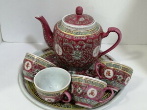 中国景徳鎮 茶器セット 色絵 花唐草 粉彩 萬壽無疆 急須 ティーポット 湯のみ 茶碗 アンティーク 中国茶器 共箱 ティーポット