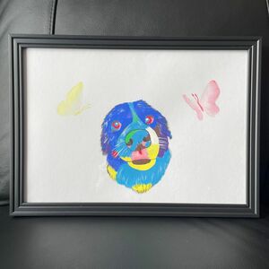 絵画　原画　現代アート　上目遣いボーダーコリー　A4 アクリル画　カラフル