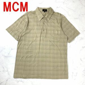 A474 エムシーエム 半袖ポロシャツ 綿 チェック 胸ポケット ベージュMCM コットン ワンポイント刺 M