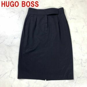 A905 ヒューゴボス ひざ丈スカート 裏地あり サテン風 黒 HUGO BOSS M相当