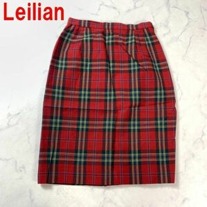 A1349 レリアン 膝丈スカート ウール チェック 裏地あり 赤 Leilian レッド タイト ９