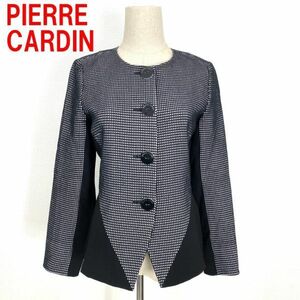 A1411 ピエールカルダン ノーカラージャケット 綿 チェック 黒 白 pierre cardin コットン ブラック ホワイト 裏地あり 丈長め 38