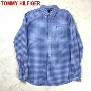 A1616 トミーヒルフィガー 長袖シャツ 綿 ボタンダウン チェック 青 TOMMY HILFIGER コットン ブルー 胸ポケット ワンポイント刺 L