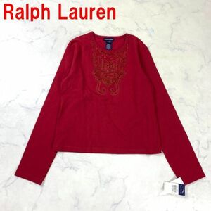 A2272 新品タグ付き ラルフローレン 綿 長袖Tシャツ 赤 Ralph Lauren コットン ロンT レッド キッズ160相当 ビジュー XL(16)