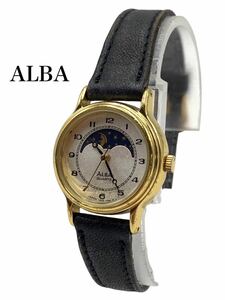 ●美品●超高級●ALBA●アルバ●ブランド●ゴールド●腕時計●セイコー●ムーンフェイズ●クォーツ●V829-0030●レザー●お洒落●GA008