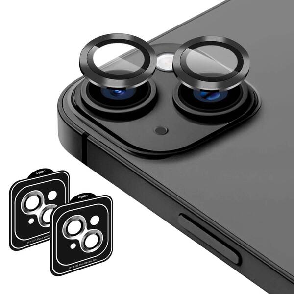 iPhone 15 / iPhone 15 Plus 用 カメラフィルム 保護カバー 日本旭硝子製 全面保護 レンズ保護 両眼鷹目柄 露出オーバー防止 (ブラック)
