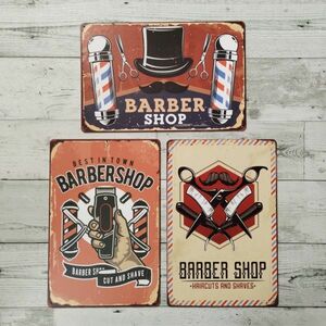 bk346 送料無料!! ブリキ看板【3枚セット】BARBER / BARBERSHOP バーバー ショップ 理容室 床屋 雑貨 レトロ 美容室 バリカン かっこいい