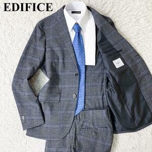極美品/Lサイズ ●エディフィス EDIFICE ウール スーツ セットアップ シングル 2B 千鳥格子柄 グレンチェック メンズ ビジネス グレー