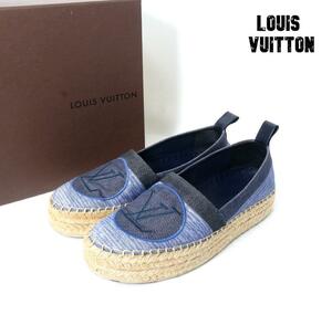 美品 LOUIS VUITTON ルイヴィトン 34.5 約22㎝ エスパドリーユ シューズ スリッポン LVロゴ キャンバス ブルー ネイビー