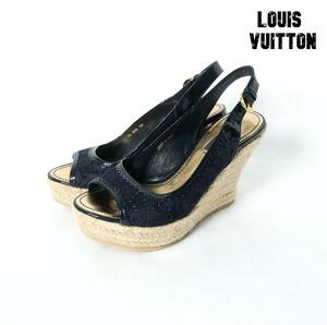 美品 Louis Vuitton ルイヴィトン サイズ35 モノグラム柄 デニム エナメル オープントゥ ウェッジソール エスパドリーユ サンダル 紺 黒