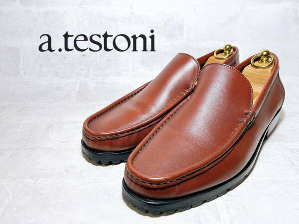 イタリア製【極美品】a.testoni ア・テストーニ 高級 ヴァンプローファー ビジネスシューズ 本革 レザー 茶 UK8（約26.5cm）高級紳士靴