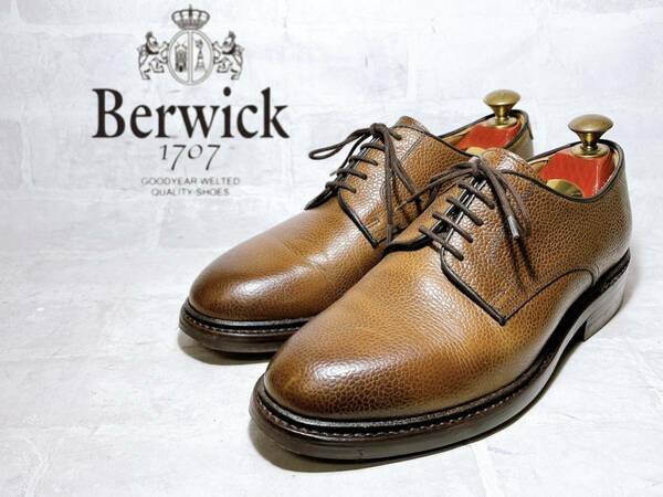 スペイン製【極美品】Berwick バーウィック 高級 プレーントゥ ビジネスシューズ グレインレザー 茶 本革 UK5.5（約24cm）メンズ